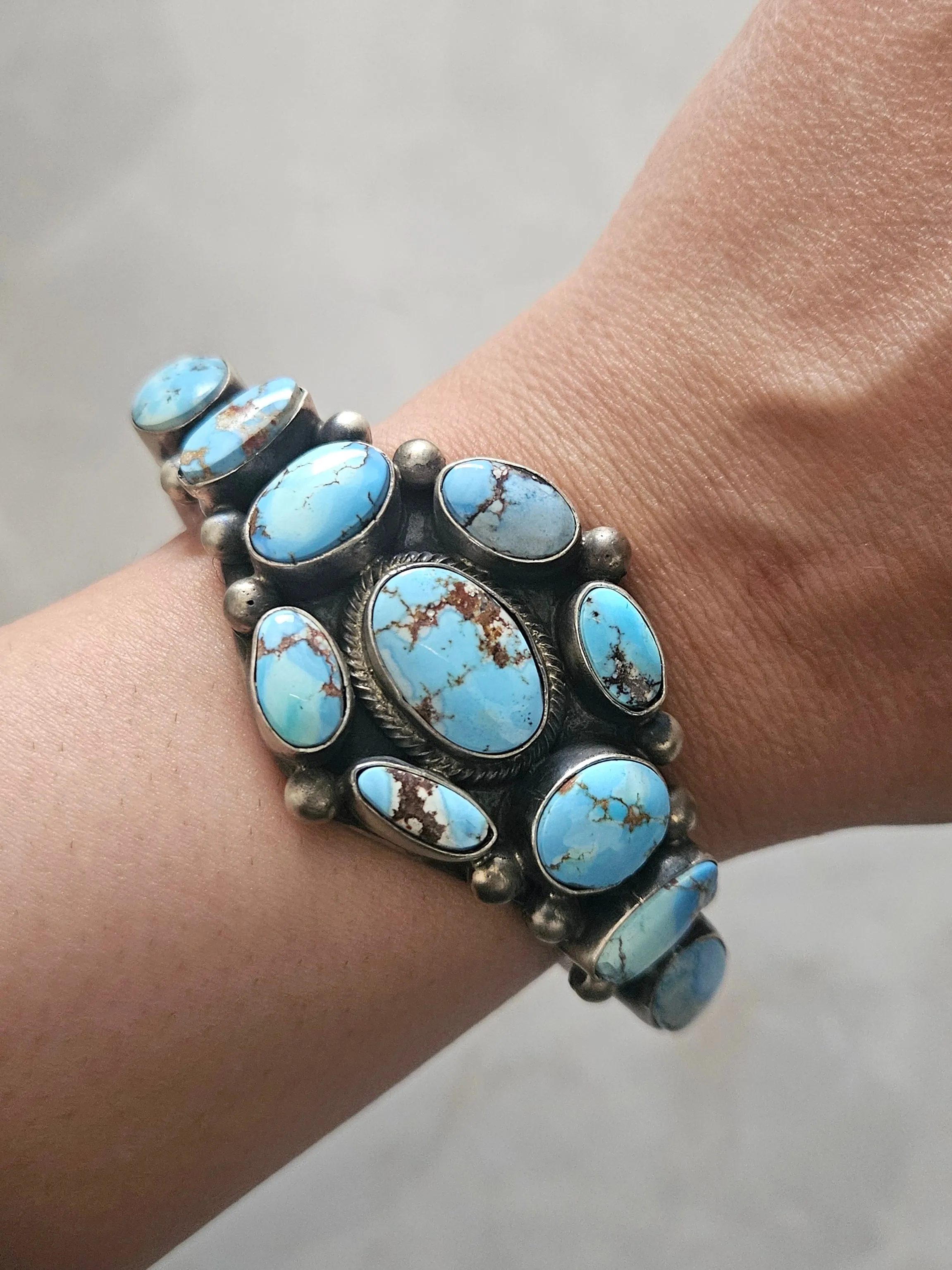 Stamped Sterling Silver Golden Hills Turquoise Cluster Cuff Bracelet