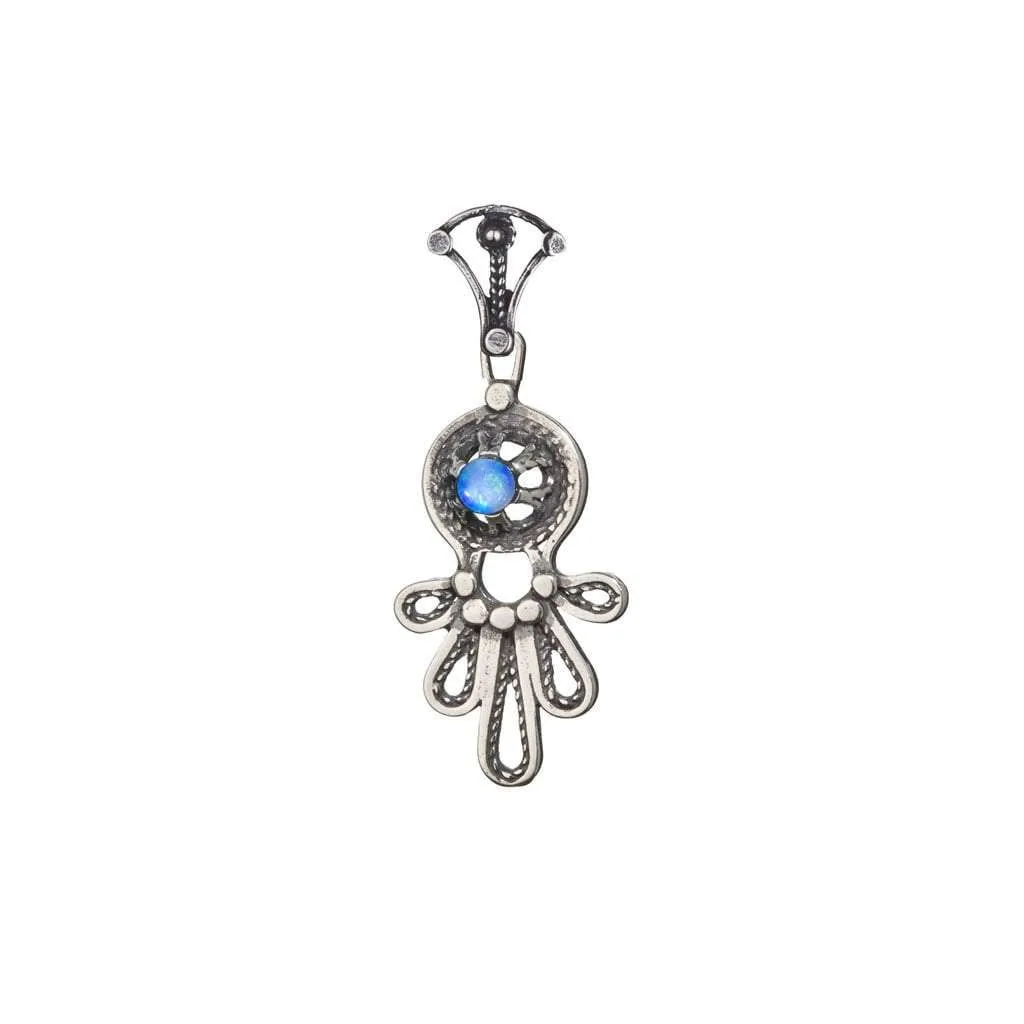 Sterling Silver Chain and Pendant Necklace Israeli Hamsa jewelry designer filigree opal /cornelian/ garnet / amethyst / lapis