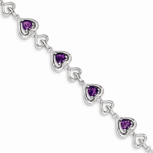 Sterling Silver Diamond & Heart Link Amethyst Bracelet