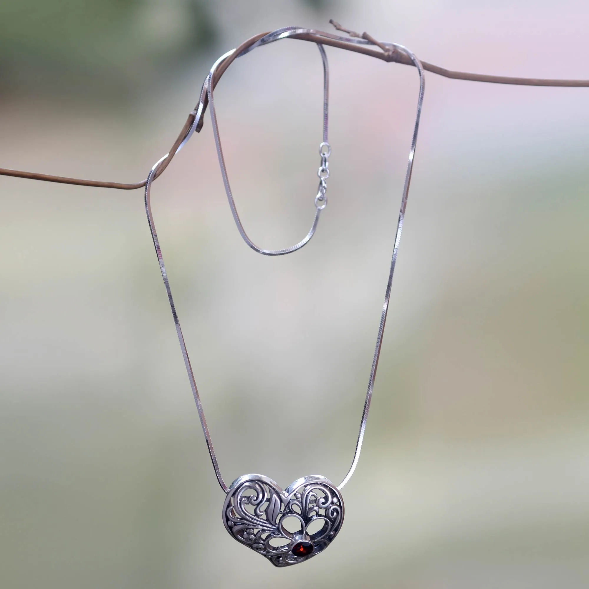 Sterling Silver Heart Pendant Necklace with Garnet - Blooming Heart | NOVICA