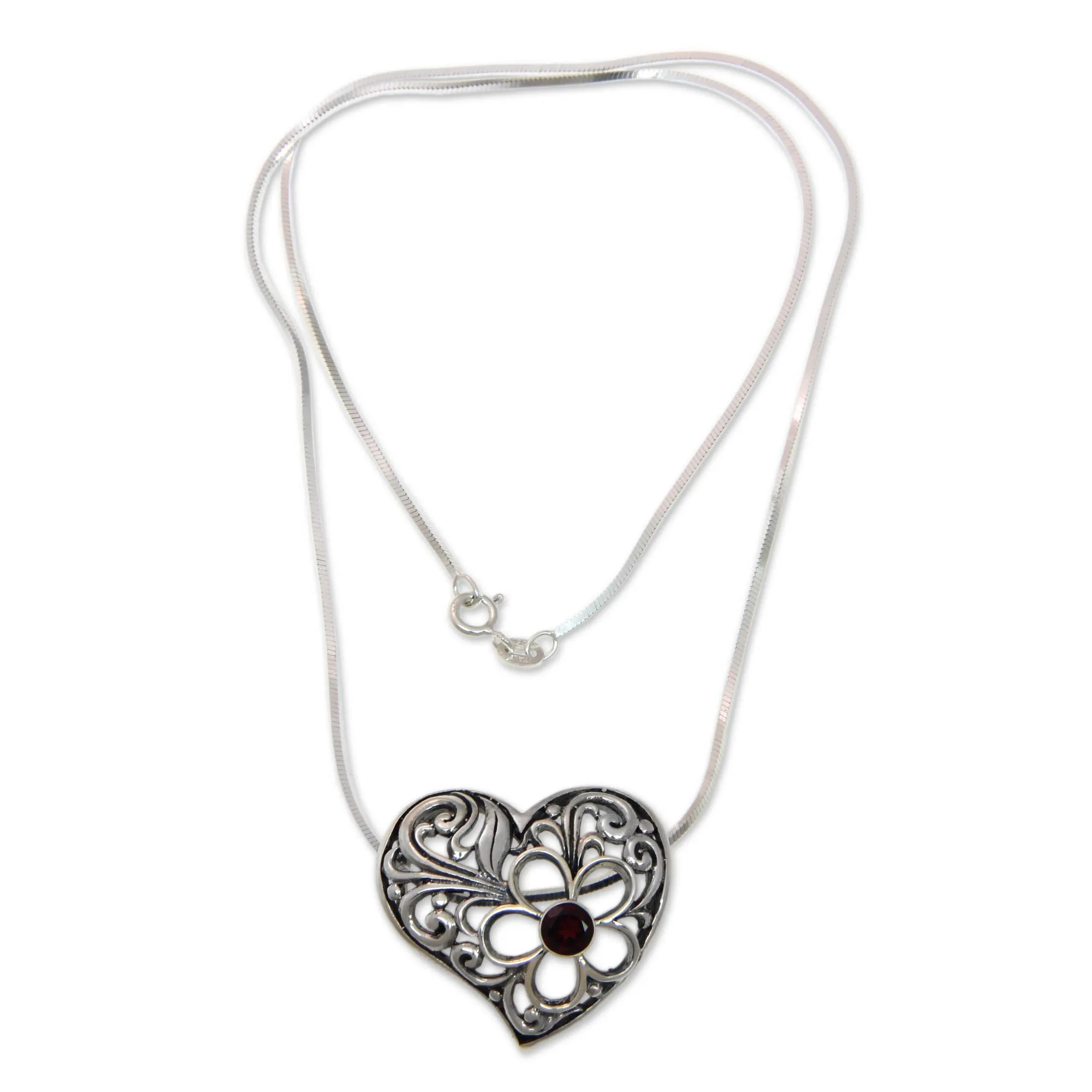 Sterling Silver Heart Pendant Necklace with Garnet - Blooming Heart | NOVICA