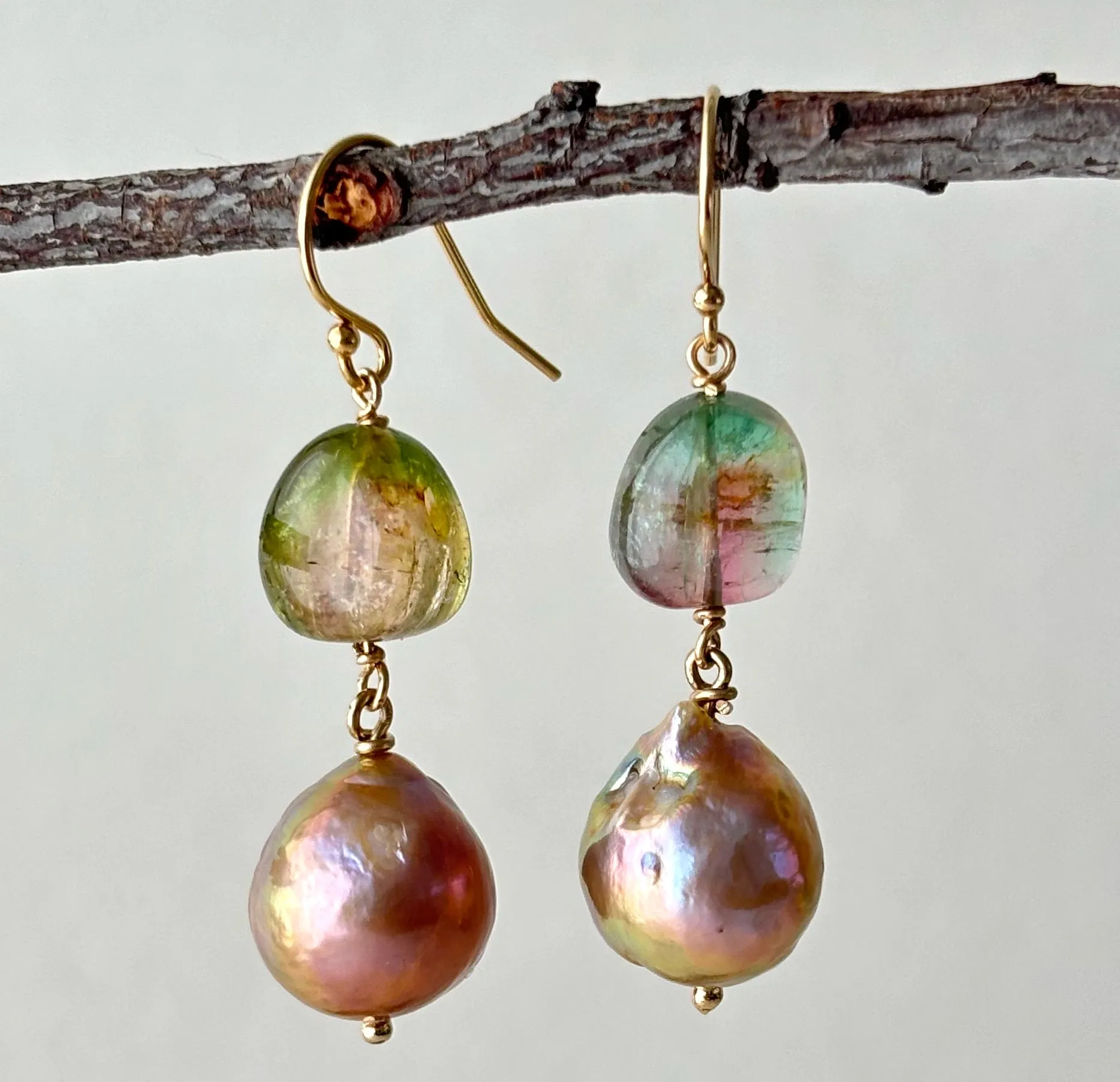 SWEET WATERMELON TOURMALINE KASUMI PEARL EARRINGS