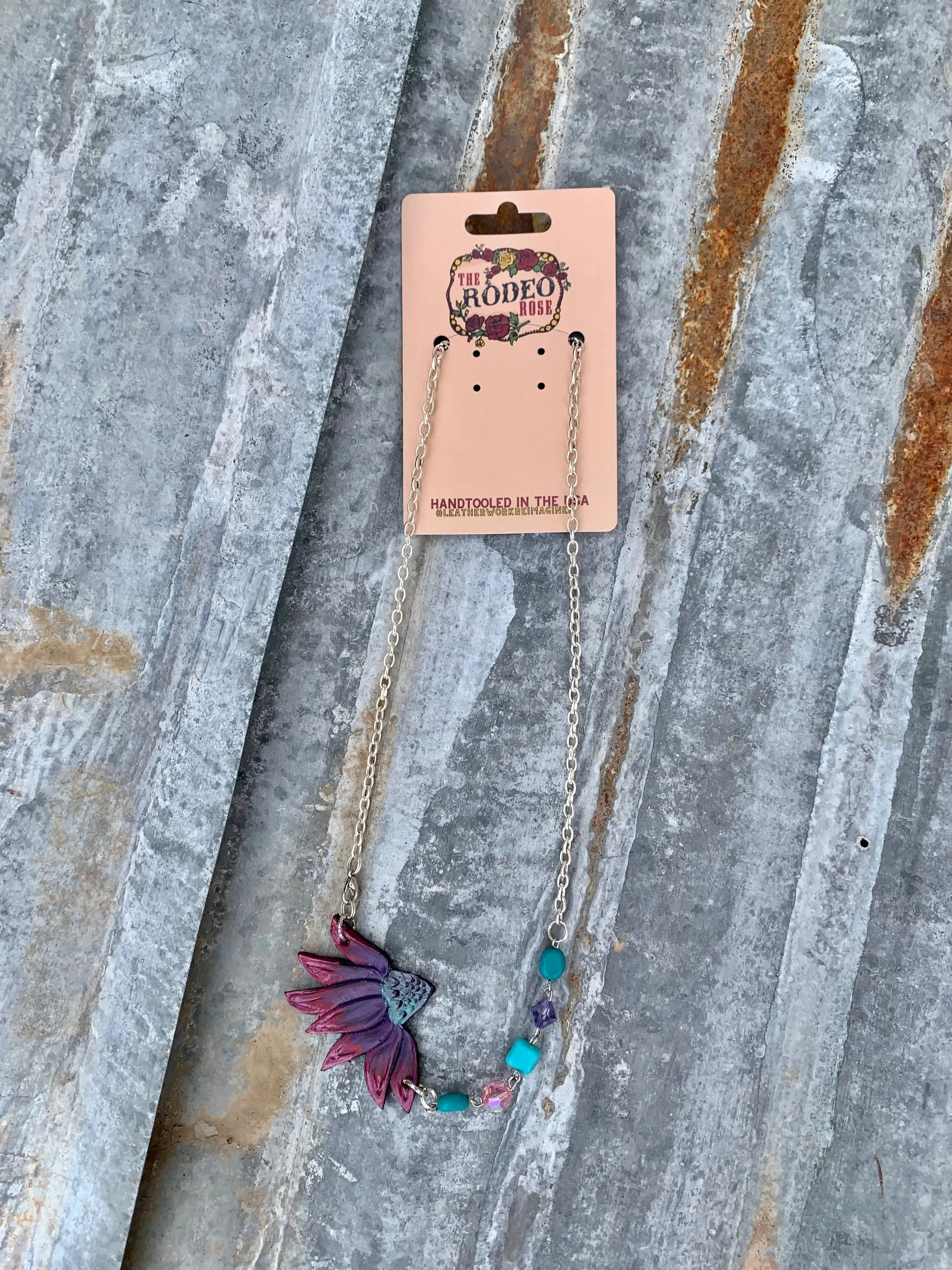 The Patsy Cone Flower Handtooled Leather Necklace with Crystal Beads and Turquoise