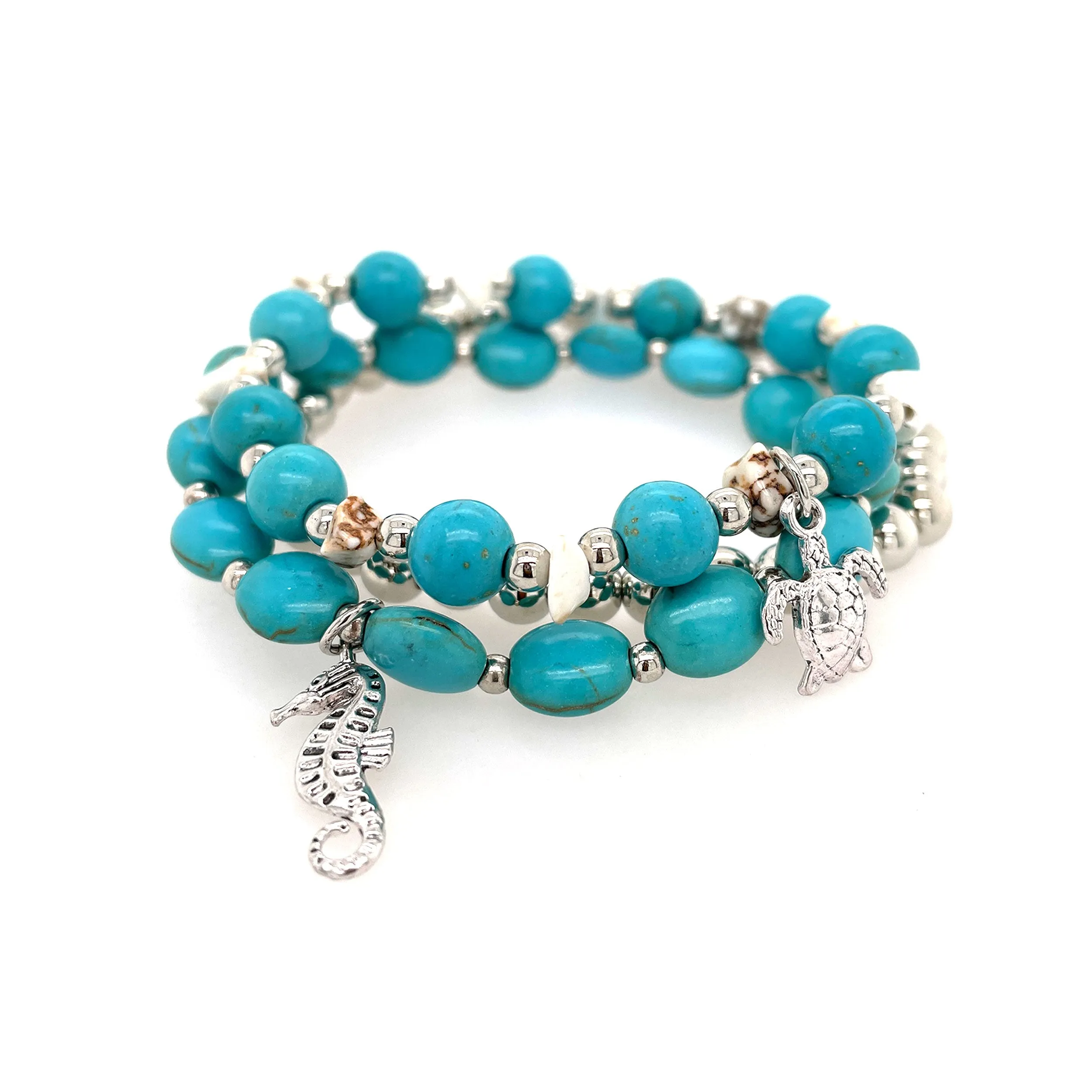 Turquoise and Silver Beads Stretch Bracelets 3pc Set