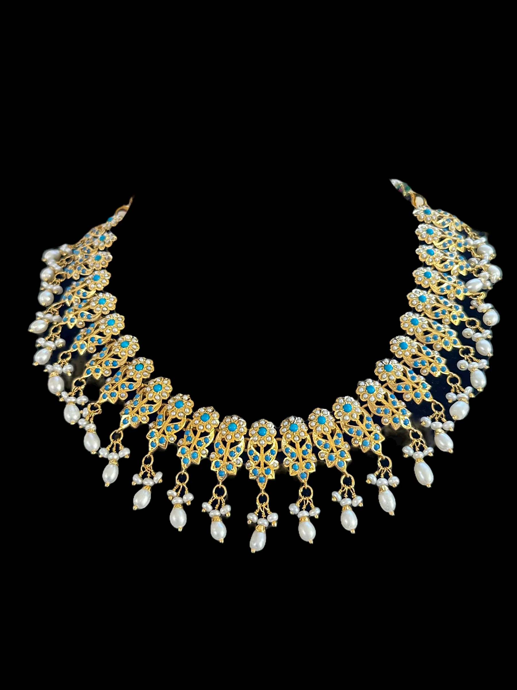 Turquoise pearl gold plated silver necklace set ( SHIPS IN 5 WEEKS )