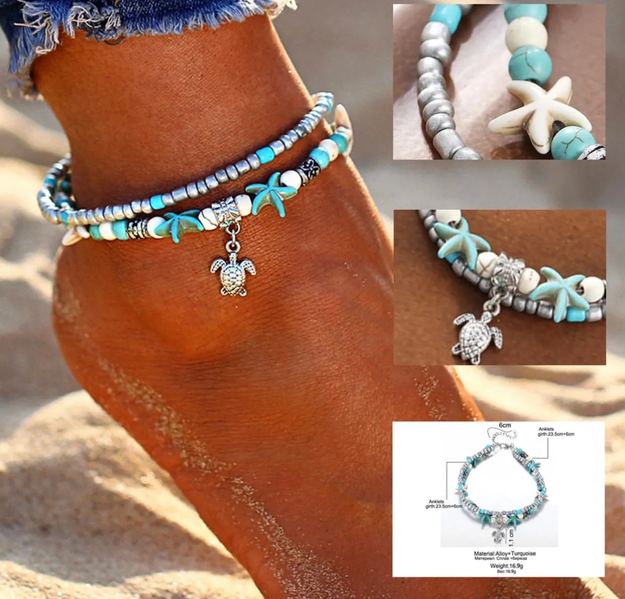 Turquoise turtle charm and starfish anklet