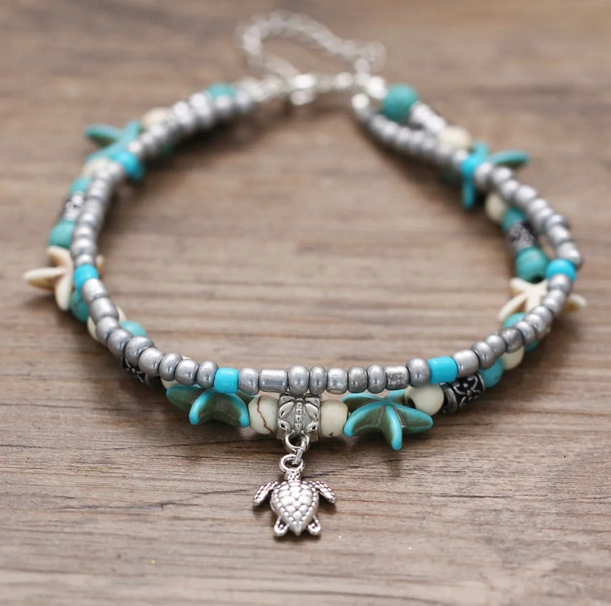 Turquoise turtle charm and starfish anklet