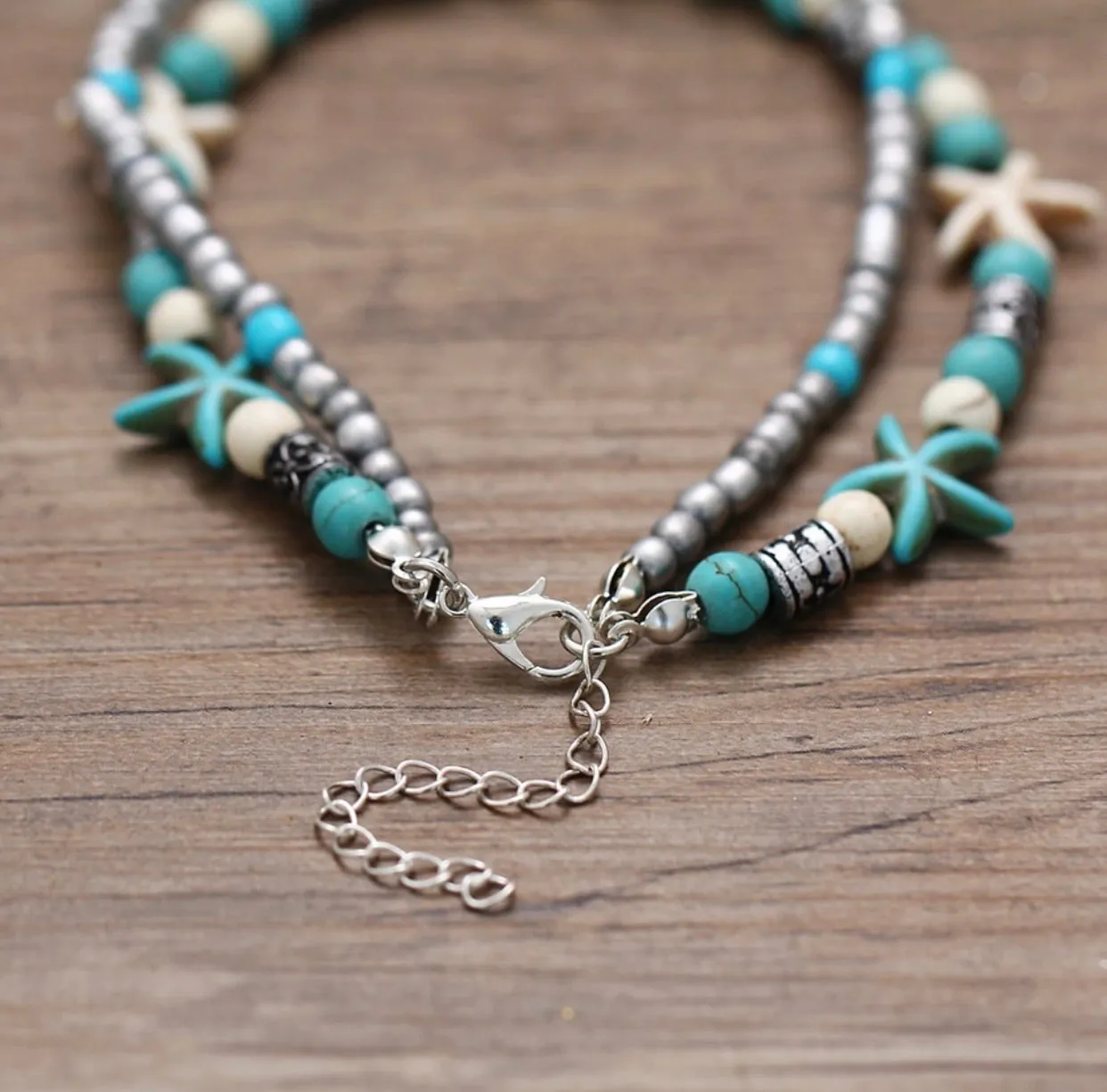 Turquoise turtle charm and starfish anklet