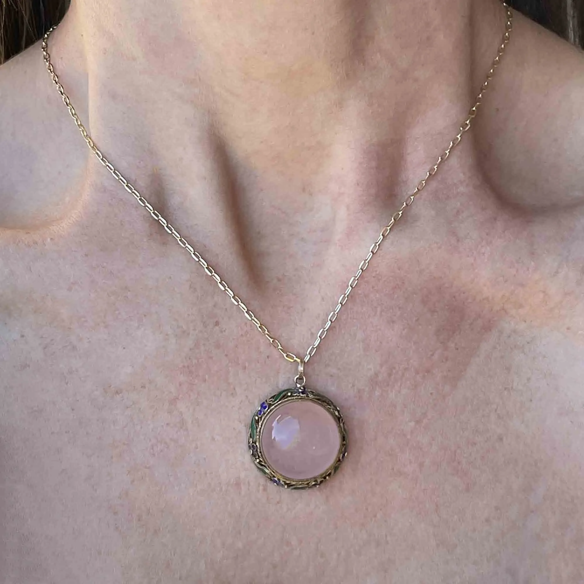 Vintage Rose Quartz Cabochon Enamel Pendant Necklace