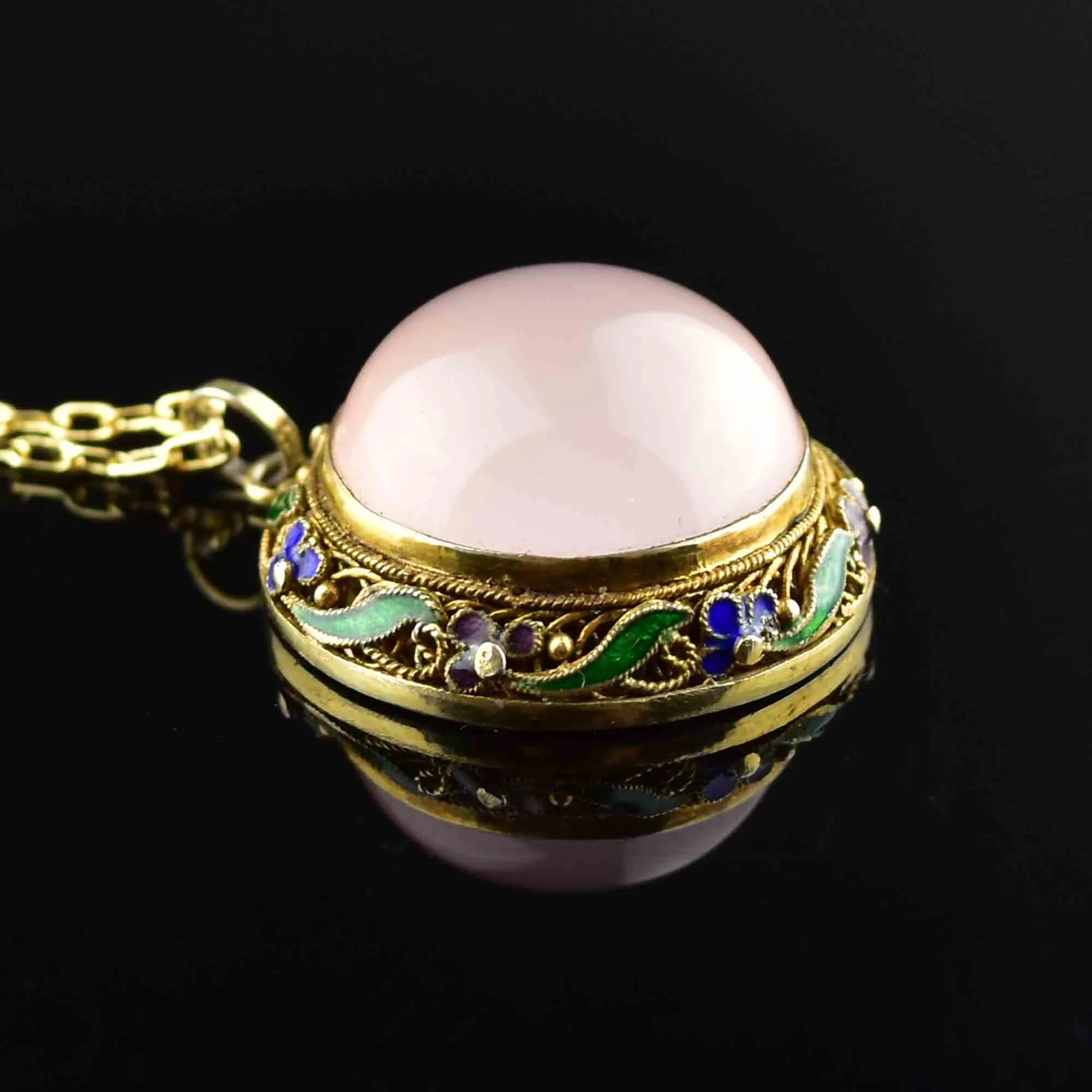 Vintage Rose Quartz Cabochon Enamel Pendant Necklace