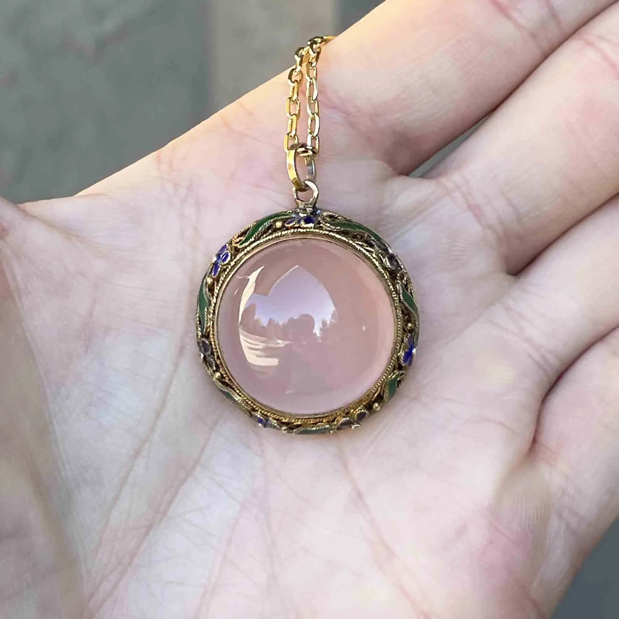 Vintage Rose Quartz Cabochon Enamel Pendant Necklace