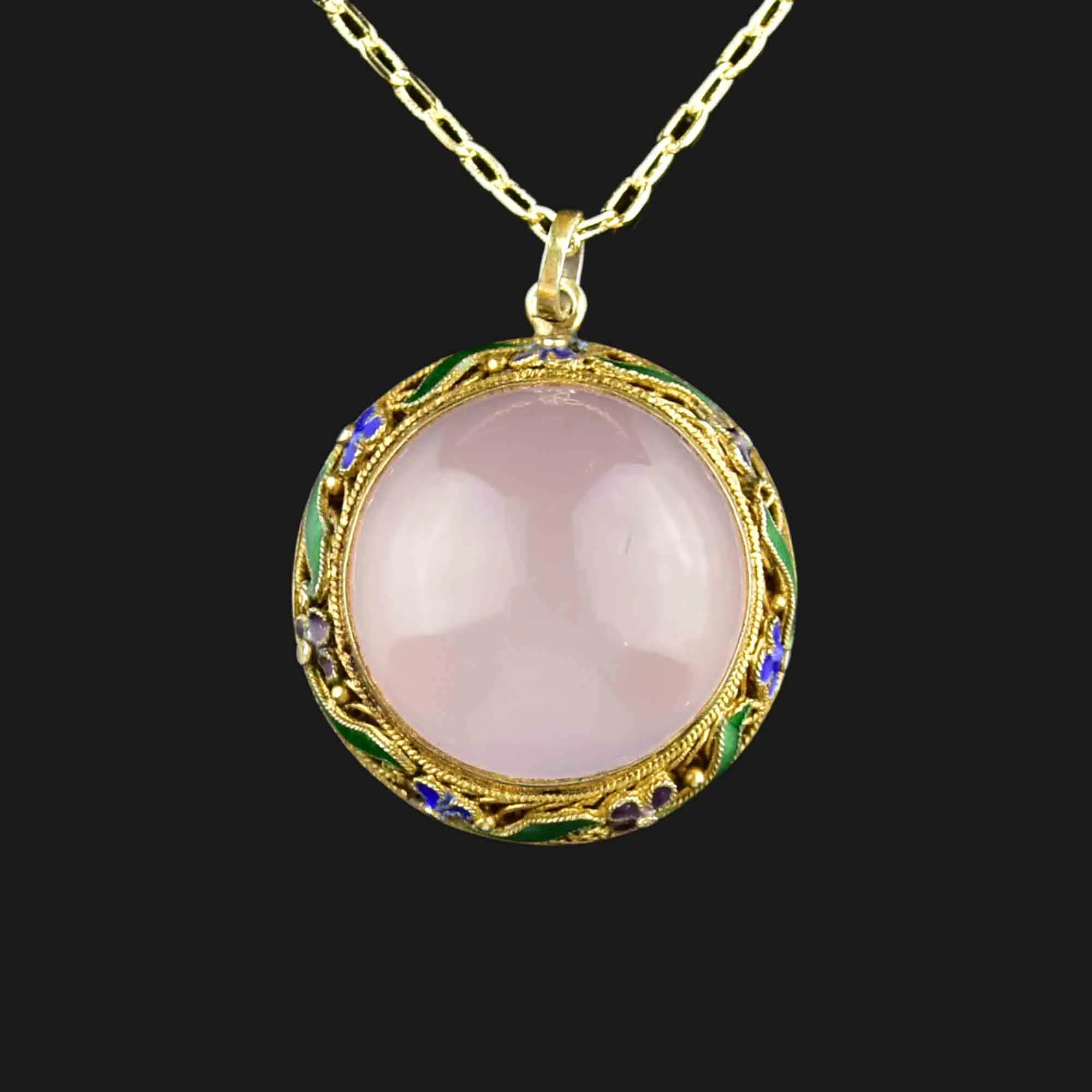 Vintage Rose Quartz Cabochon Enamel Pendant Necklace