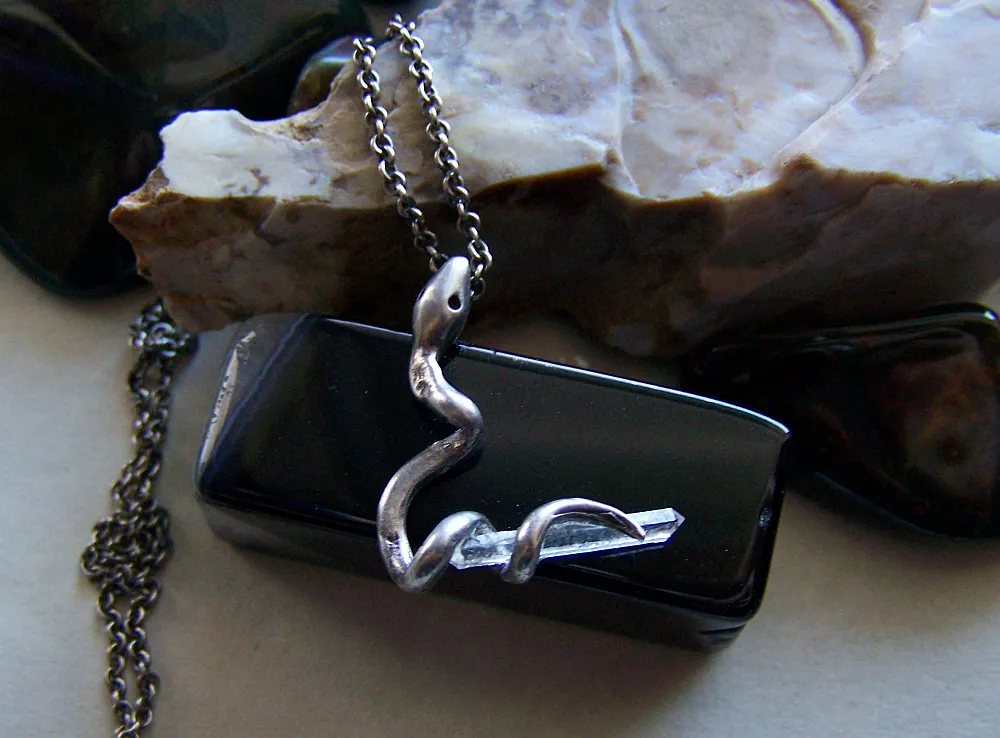 Vintage Sterling Silver Snake with Quartz Crystal Pendant