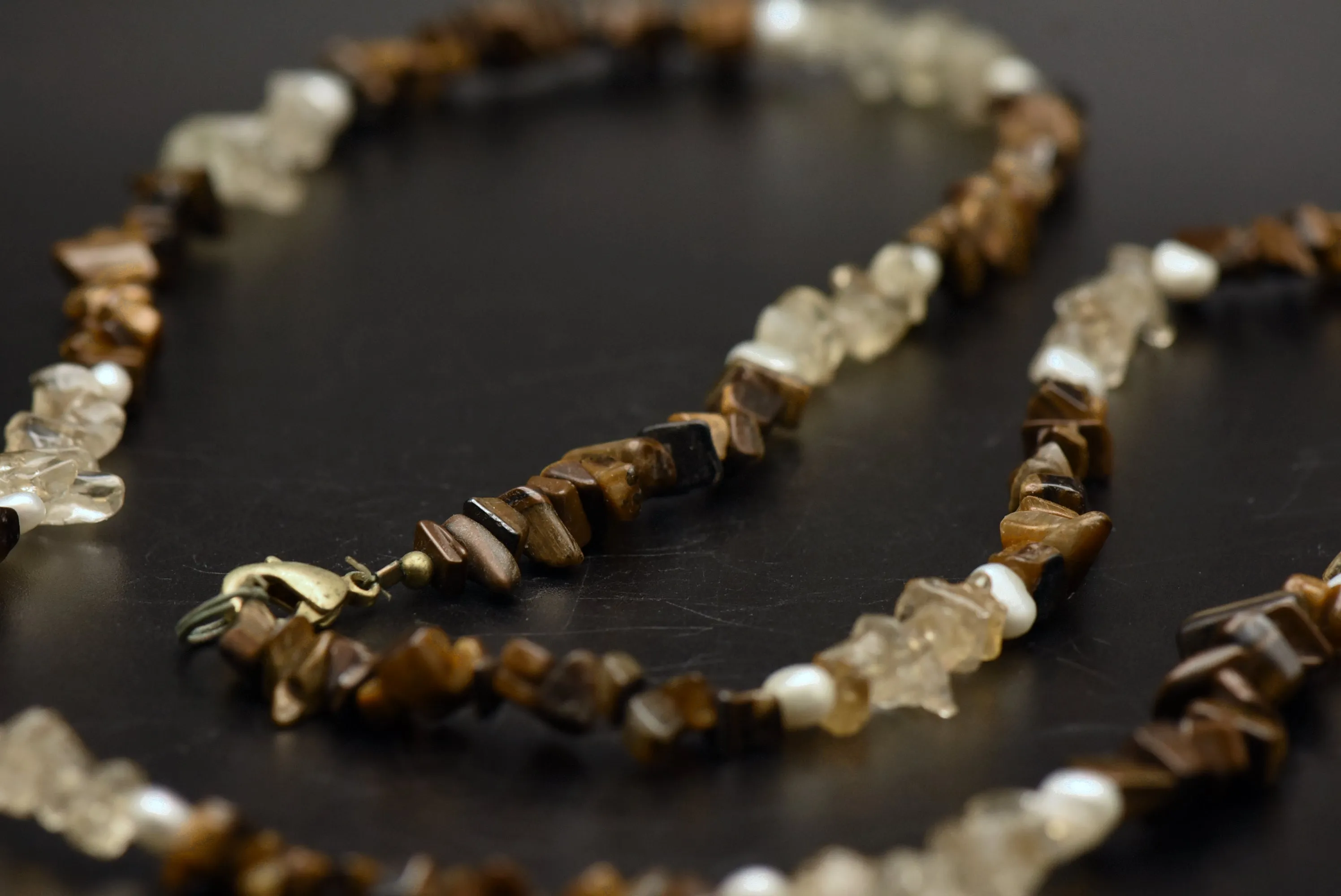 Vintage Tiger's Eye, Quartz, and Cultured Pearl Beaded Necklace - 36"