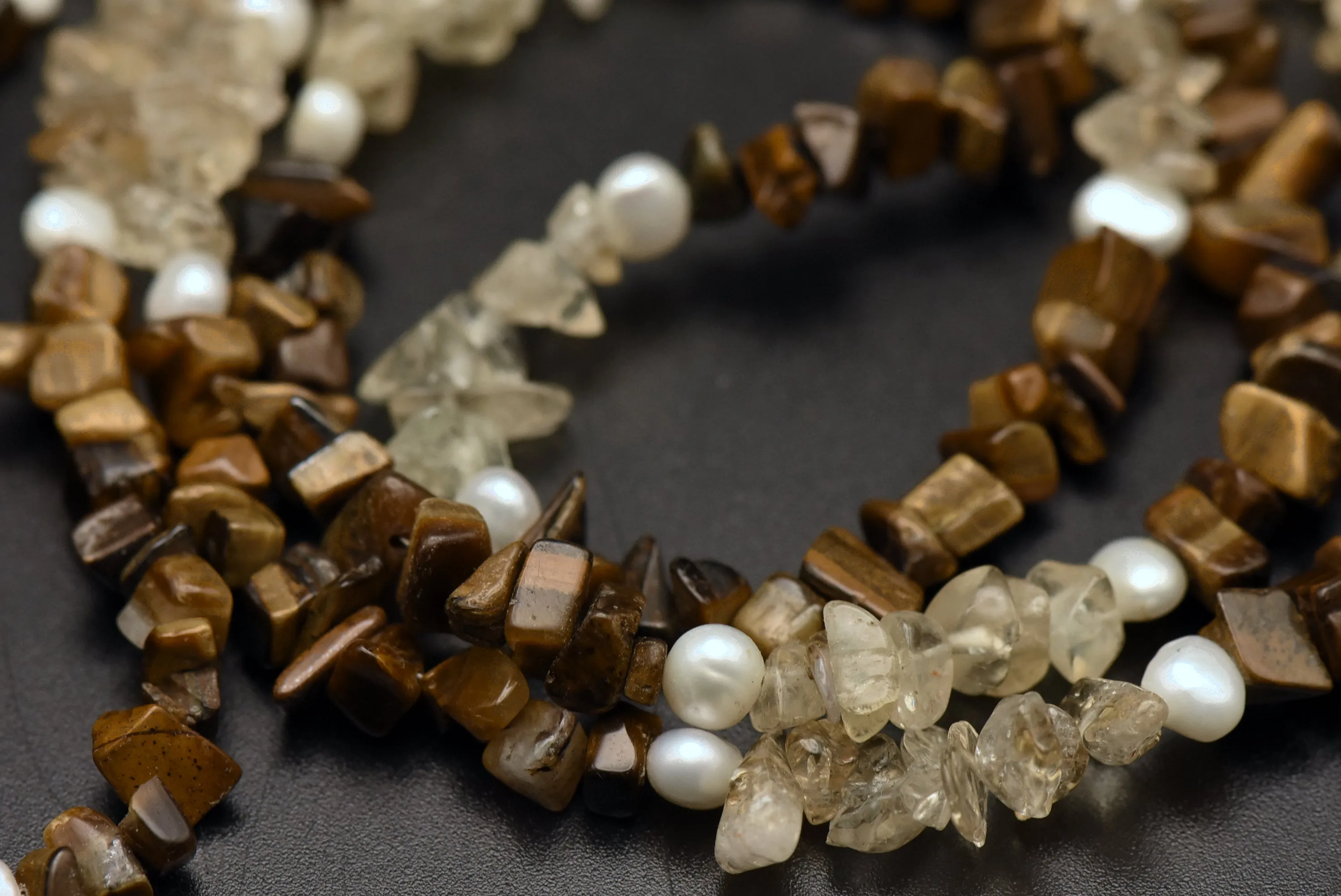 Vintage Tiger's Eye, Quartz, and Cultured Pearl Beaded Necklace - 36"