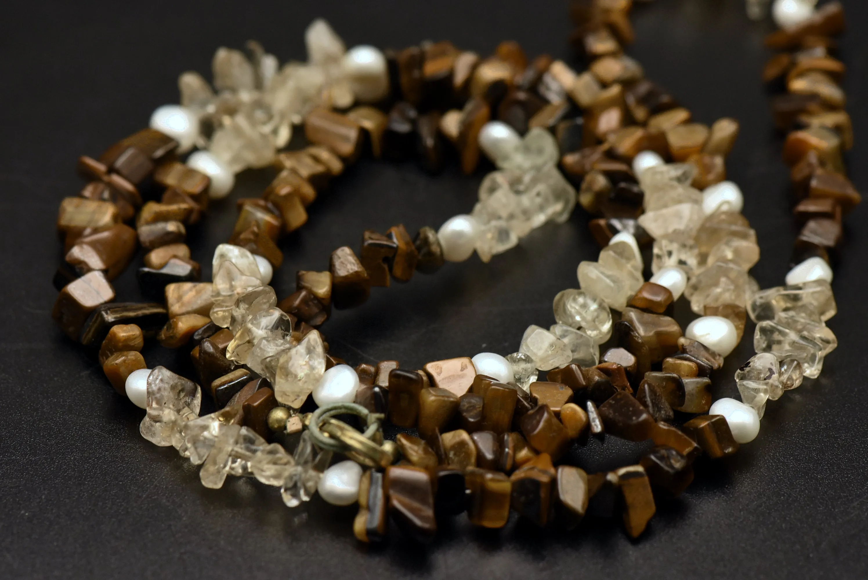 Vintage Tiger's Eye, Quartz, and Cultured Pearl Beaded Necklace - 36"