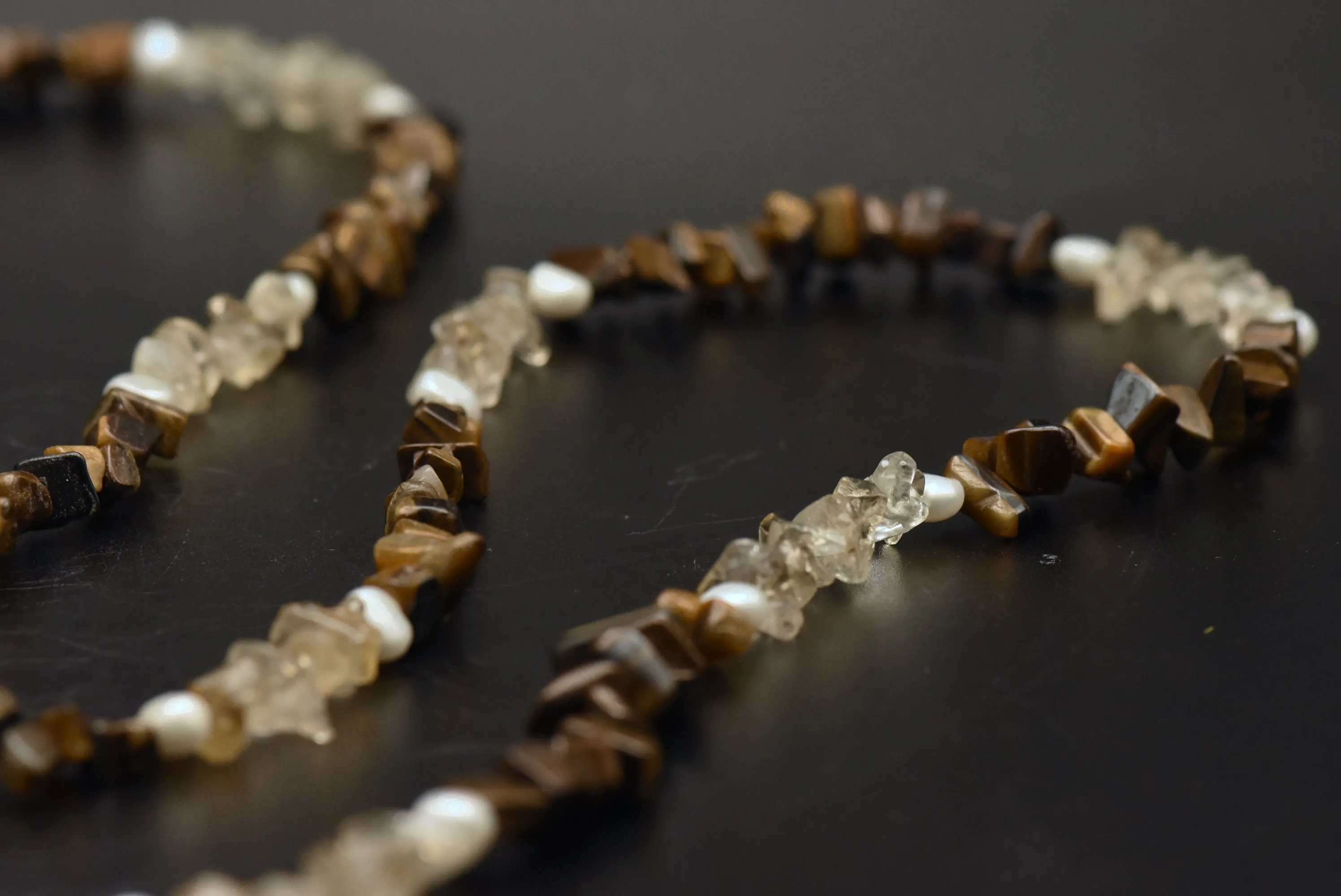 Vintage Tiger's Eye, Quartz, and Cultured Pearl Beaded Necklace - 36"