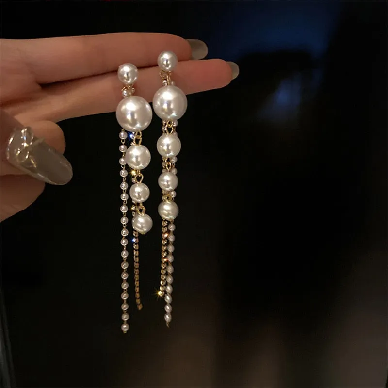 Wenkouban New 2022 Trend Big Pearls Women's Earrings Geometry Crystal Gold Color Dangle Drop Earing for Woman Korean Style Fashion Jewelry