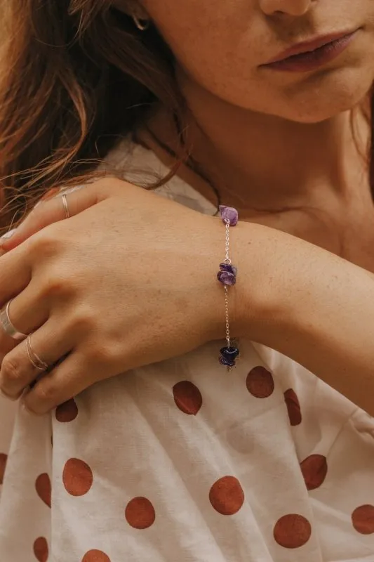 Xander Kostroma - 925 Sterling Silver Raw Amethyst Crystal Link Bracelet - Ideal for Women - Reduces Stress and Balances Mood - Handcrafted Unique Jewelry - 17cm   Extension - Perfect Gift for Healing and Style